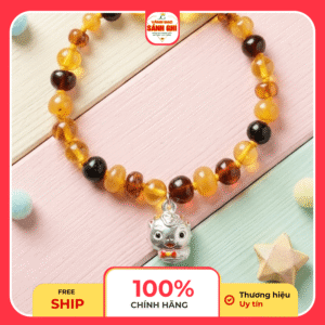 Lắc tay hồ phách thiên nhiên kết hợp charm bạc